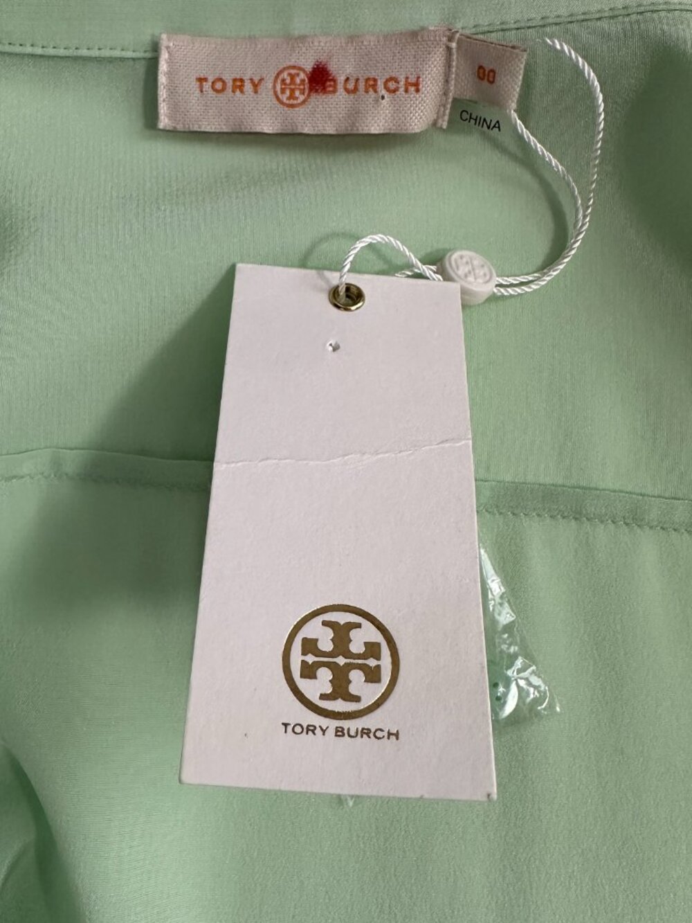 NWT Tory Burch Janet Top Crushed Mint Green 100% Silk Button Up Blouse 00 - Picture 10 of 12